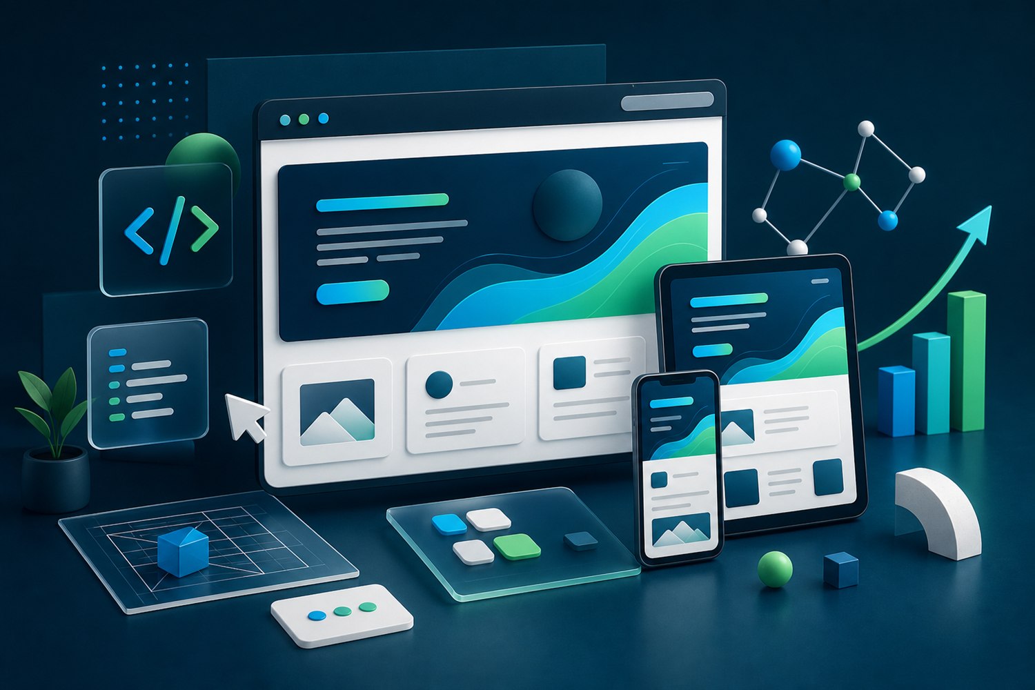 Playful illustration of a responsive website being designed across desktop, tablet, and mobile